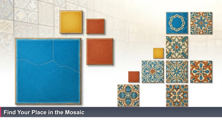 A hand holding a vibrant blue ceramic tile with a subtle crack, set against a soft-focus background of an emerging mosaic on a sunlit wall, symbolizing Gibraltar's interconnected tech support for women.