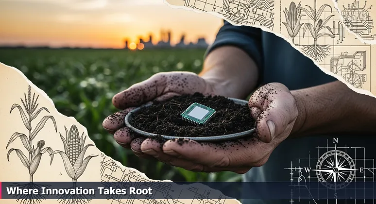Weathered hands holding soil with a microchip, set against Lincoln's skyline at dusk, symbolizing the blend of agriculture and AI innovation in Nebraska.