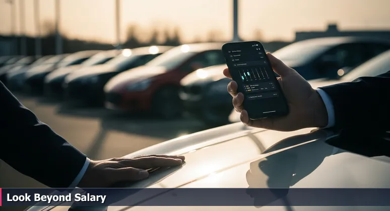 A tech professional in Lincoln, NE, uses a smartphone to check a vehicle history report over a car hood, symbolizing evaluating tech job compensation beyond base salary.