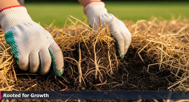 Gardening gloves revealing fertile soil with earthworms and roots under mulch, representing Lincoln's thriving tech ecosystem.