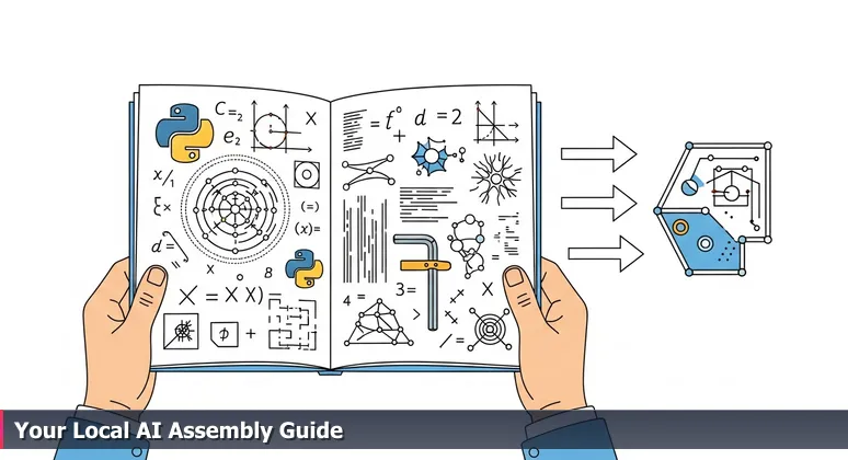 Close-up of hands holding an IKEA-style manual with AI diagrams, Python code, and math symbols, with a small Allen wrench on top.