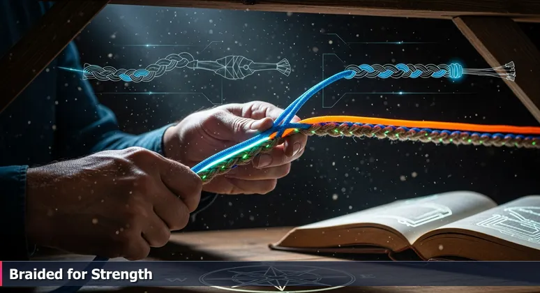 Hands braiding blue, hemp, and orange ropes into one cord in a workshop, symbolizing combining funding sources for tech training in Lincoln, NE.