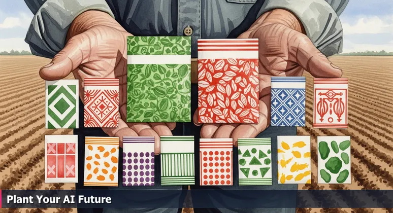 Farmer's hands holding seed packets against Nebraska soil, symbolizing AI career choices in Lincoln for 2026.