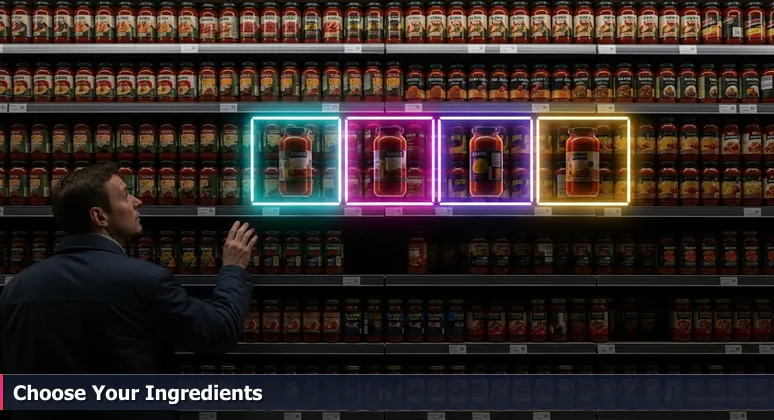 A person in a Lincoln, NE grocery aisle looking overwhelmed by shelves of pasta sauce jars, symbolizing the challenge of choosing the best AI bootcamp from many options.