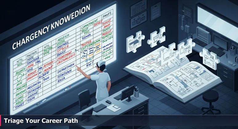 A hospital ER charge nurse's station with a backlit whiteboard showing triage codes, symbolizing the routing of cybersecurity careers in Lincoln's 2026 job market.