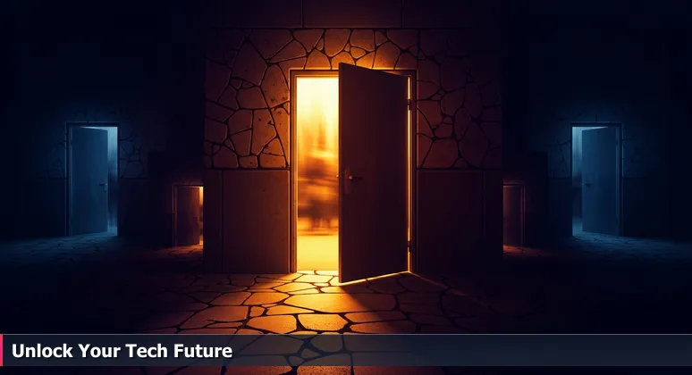 A weathered steel door in a Lincoln alley, slightly ajar with light inside, symbolizing accessible free tech training opportunities.