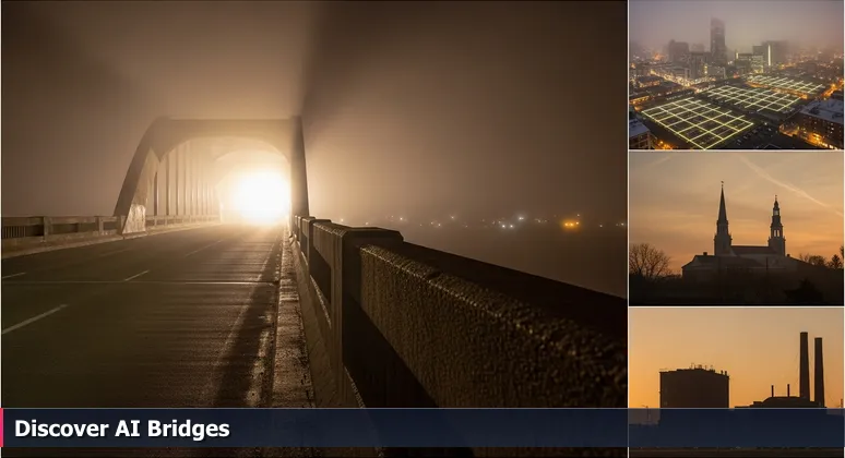 A nighttime view from the Lincoln Veterans Memorial Bridge, with car headlights shining through mist towards the illuminated city skyline of Lincoln, Nebraska.