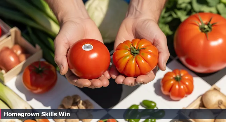 Close-up of hands holding a perfect grocery-store tomato and a vibrant heirloom tomato at Lincoln's Haymarket District farmer's market, symbolizing tech hiring based on skills over degrees.