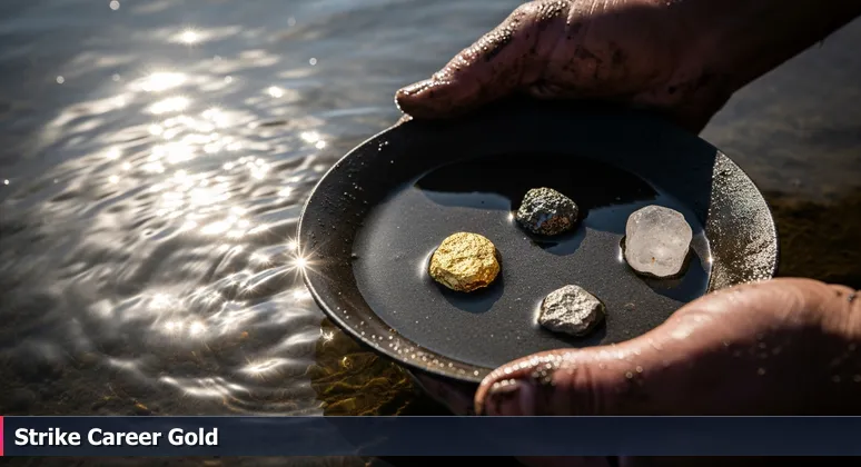 Weathered hands panning for gold in a Nebraska river, symbolizing the search for valuable tech startup jobs for junior developers in Lincoln.