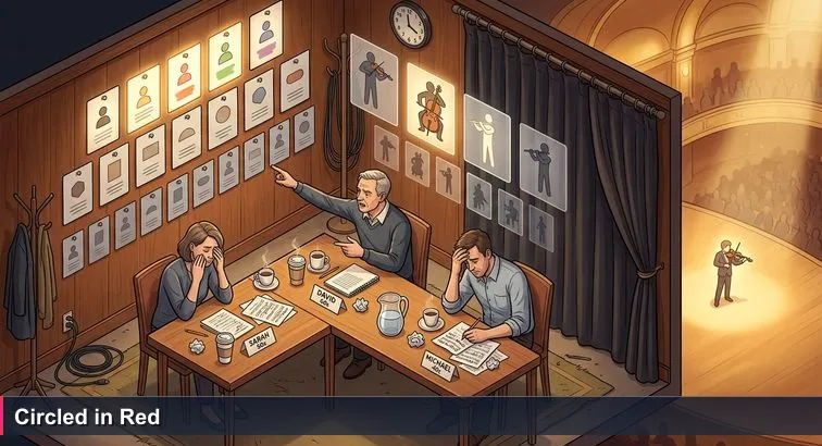 Wood-panelled back room with three tired jurors at a table, coffee cups and red-circled audition numbers on the wall; a violinist plays behind a heavy velvet curtain.