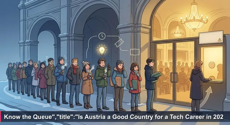 A cold winter evening queue under the stone arches of the Vienna State Opera, people in coats holding thermoses and cushions, a glowing hall visible through the doors.