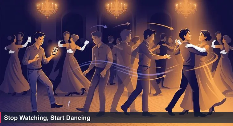 Dimly lit Viennese ballroom at night with chandeliers; a young person in casual clothes holds a phone showing a dance tutorial while couples whirl on the parquet behind them.