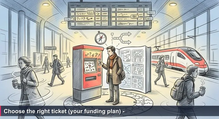 Early-morning Wien Hauptbahnhof scene: a young professional in a winter coat stares at a glowing red ÖBB ticket machine, a Railjet visible outside and a large departure board listing Linz, Graz, Zürich and München.