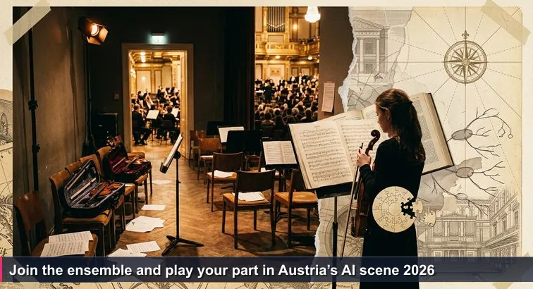 Backstage at Vienna’s Musikverein: empty chairs, open instrument cases, scattered sheet music, and a lone violinist in the wings preparing to step on stage.
