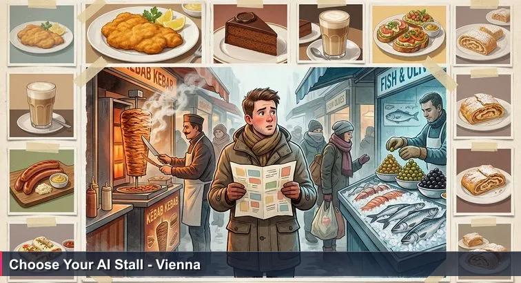 Chilly morning at Vienna’s Naschmarkt: a young engineer in a winter coat holds a crumpled ‘Top 10 Foods’ printout, pausing between a kebab and olive stall as steam and shoppers swirl.