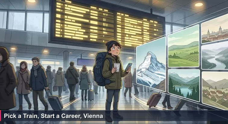 Person with a backpack standing under the large departure board at Wien Hauptbahnhof, holding an ÖBB ticket and phone while trains to Graz, Linz, Villach and Salzburg are listed.