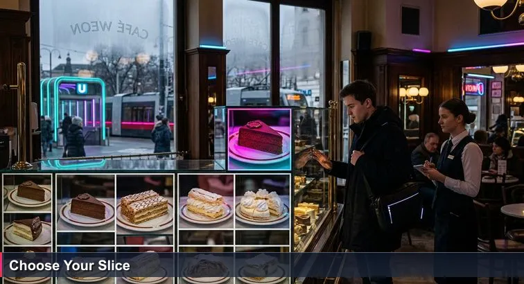 Person in a Vienna café hesitates before a vitrine of cakes while a waiter waits; a laptop bag, tram outside, and notebook suggest a career-choice moment.