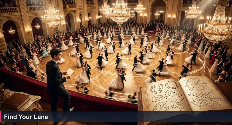 Overhead view of a grand Viennese ball at the Hofburg: glowing chandeliers, couples waltzing on a parquet floor, and one person at the edge clutching a dance card, watching the patterns.