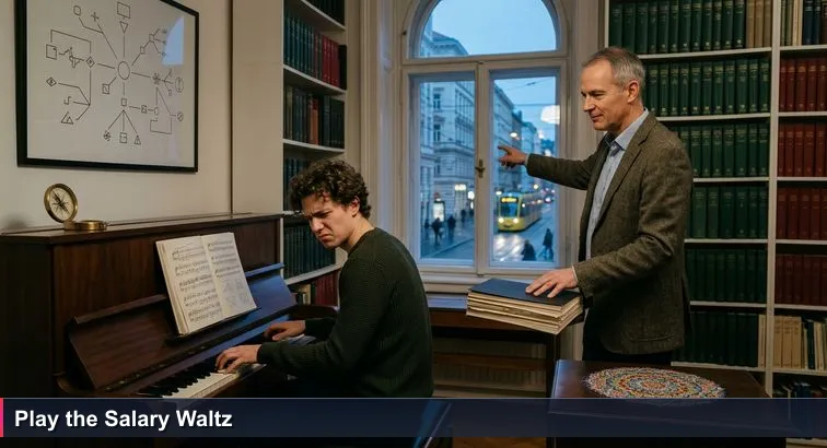 Young professional at an upright piano in a high-ceilinged Vienna Altbau at dusk, sheet music open, tram visible outside the tall window, teacher closing the score and pointing to the city.