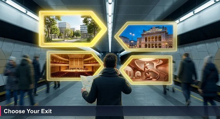 Person standing under yellow Karlsplatz U-Bahn exit signs, holding a folded city map and looking uncertain amid commuters in winter coats.