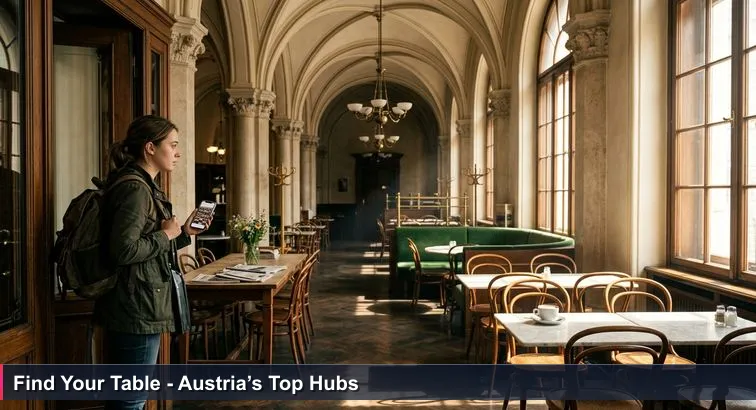 Early morning inside a grand Viennese Kaffeehaus: tall windows, marble tables, a communal table, and a young person with a laptop pausing in the doorway uncertain where to sit.