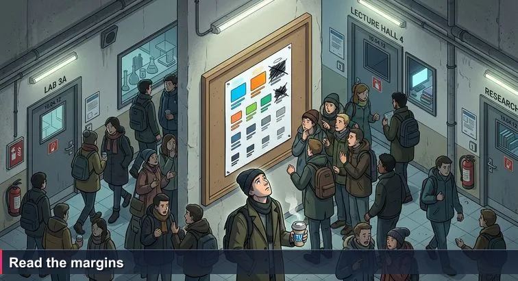 TU Wien corridor at night with students crowded around a noticeboard showing a ranked Top 10 list; one student stands back with a coffee, others point and scribble notes.