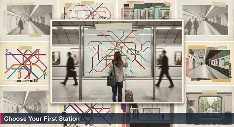 Young woman with a suitcase and laptop bag studies a large Vienna U-Bahn map at Karlsplatz, tracing coloured lines as commuters blur by, hopeful and slightly overwhelmed.