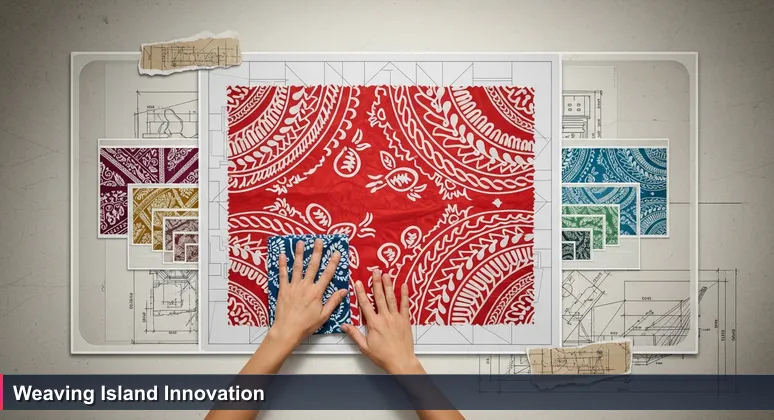 Close-up of hands placing a traditional Fijian masi cloth over a technical blueprint, symbolizing how local AI startups blend technology with island-specific patterns.
