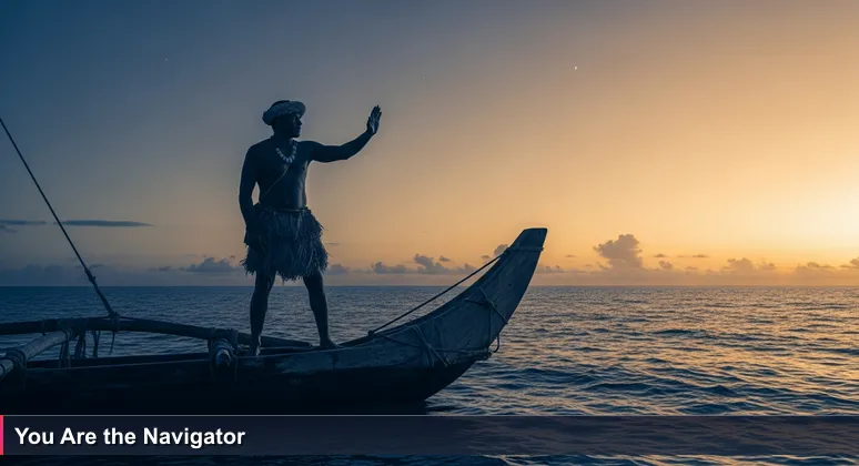 A Fijian drua navigator at dusk, hand outstretched to feel the wind, symbolizing the journey to an AI career in Fiji's tech landscape.