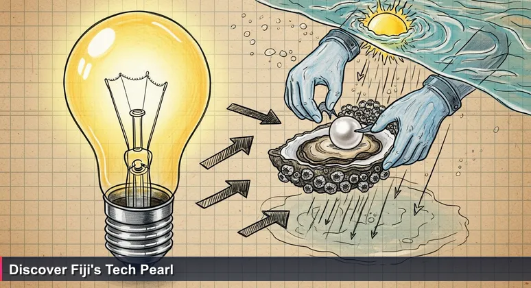 A scuba diver's hands uncovering a gleaming pearl inside an oyster on the ocean floor, symbolizing Fiji's hidden tech career potential for 2026.