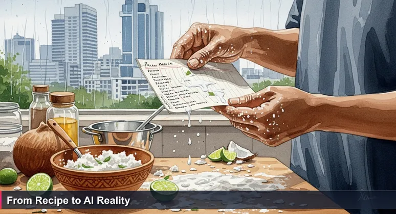 Hands in a Suva kitchen holding a stained recipe card for kokoda, with a curdled dish in the foreground and modern city buildings visible through a window in the background.