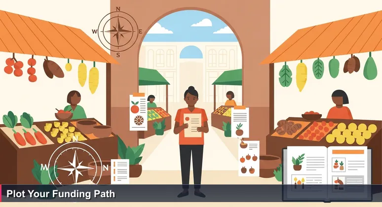 A Fijian individual at the entrance of Suva Municipal Market, looking overwhelmed by vibrant stalls, symbolizing the complex funding options for tech training in Fiji.