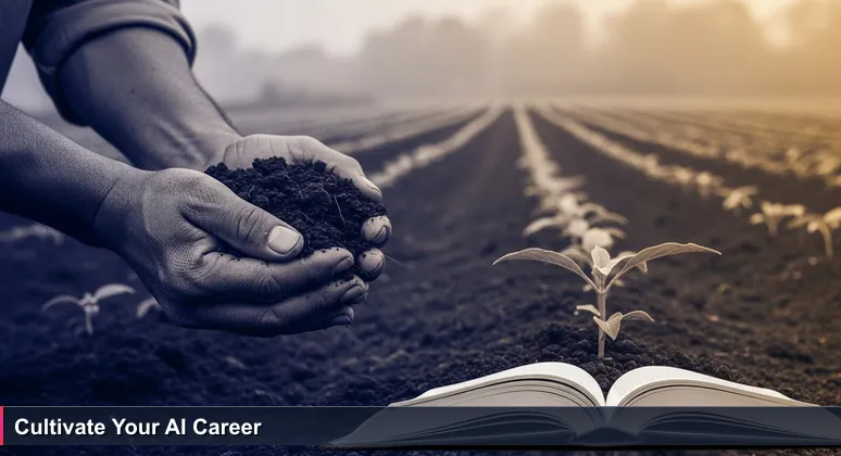 Weathered Fijian farmer's hands holding rich volcanic soil with a young dalo plant on a misty Sigatoka hillside at dawn, symbolizing investment in AI careers
