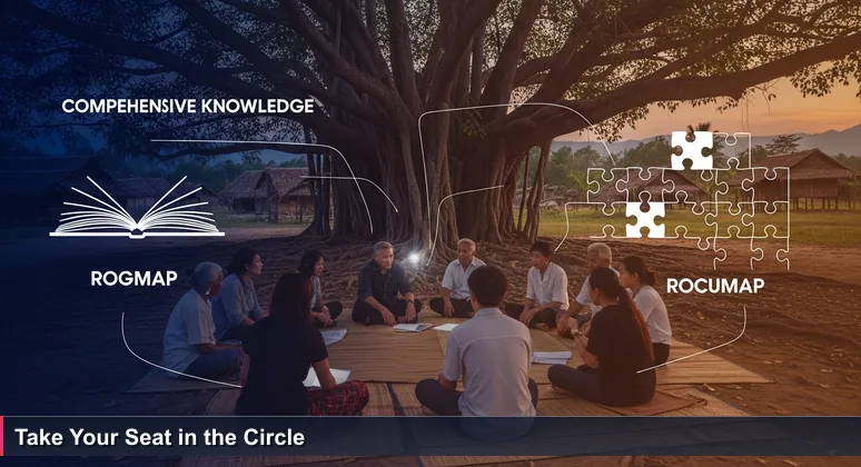 A diverse group sitting in a circle under a banyan tree at a Fijian village council meeting, symbolizing AI networking events in Fiji where all voices are heard.