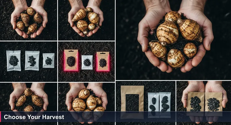 Weathered Fijian hands holding a dalo root and a modern seed packet, symbolizing the choice between local AI education and global bootcamps.