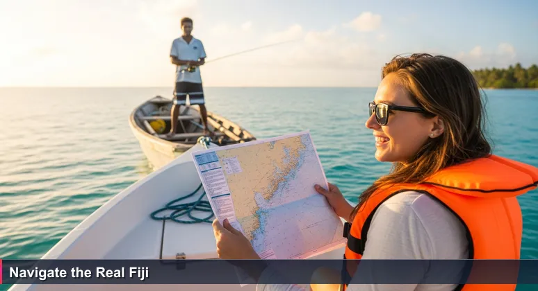 A tourist in a new boat with a map on a Fijian lagoon, contrasted with a local fisherman in a weathered skiff navigating expertly, symbolizing surface-level vs. deep financial knowledge.
