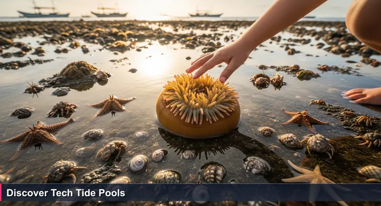 A child's hand explores a sea anemone in a Fijian tide pool, symbolizing the discovery of free tech training resources in Fiji's communities.