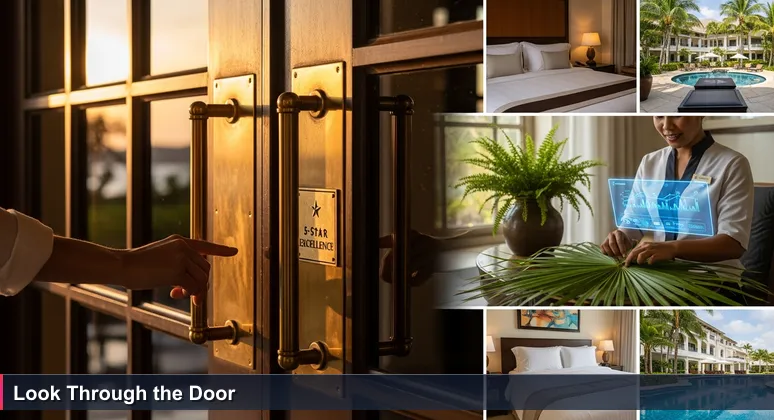 A traveler's hand on a luxury resort door handle in Fiji, with a '5-Star Excellence' plaque reflected and a staff member weaving a palm frond while checking a tablet with AI analytics.