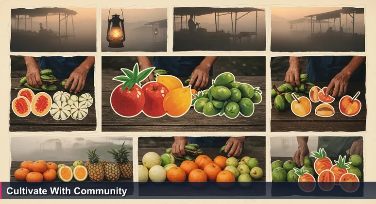 A Fiji market stallholder arranges vudi and dalo at dawn, symbolizing the strategic choice of tech coworking spaces for innovation and community growth.