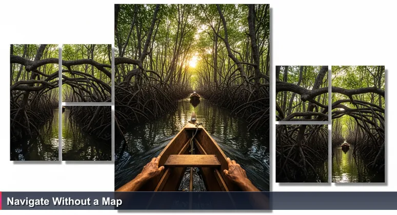 Close-up of weathered hands navigating a boat through Suva mangrove roots, symbolizing skill-based tech career pathways in Fiji.