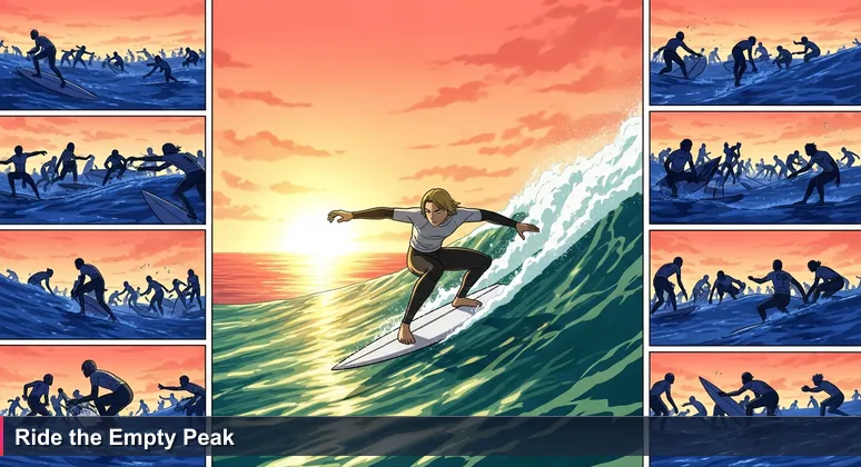 Illustration of a crowded surf break versus an empty wave, symbolizing global tech competition versus Fiji's startup opportunities for junior developers in 2026.
