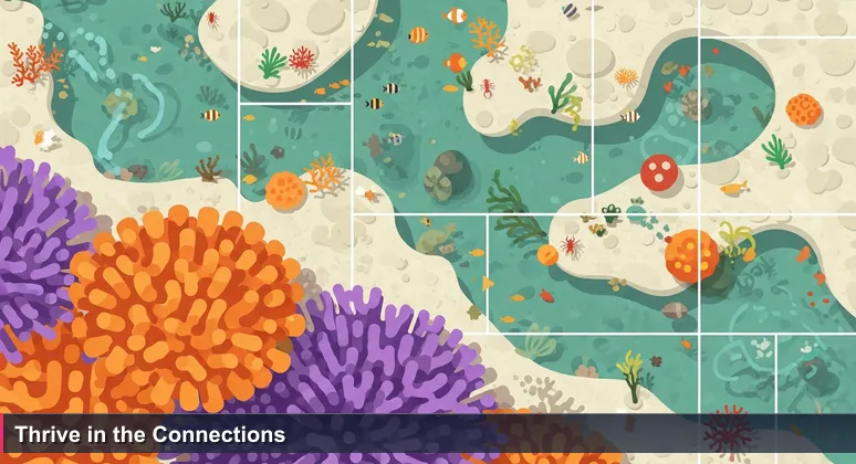 A vibrant Fijian coral reef illustration symbolizing the interconnected women in tech support network, with diverse marine life representing key groups and resources in Fiji.