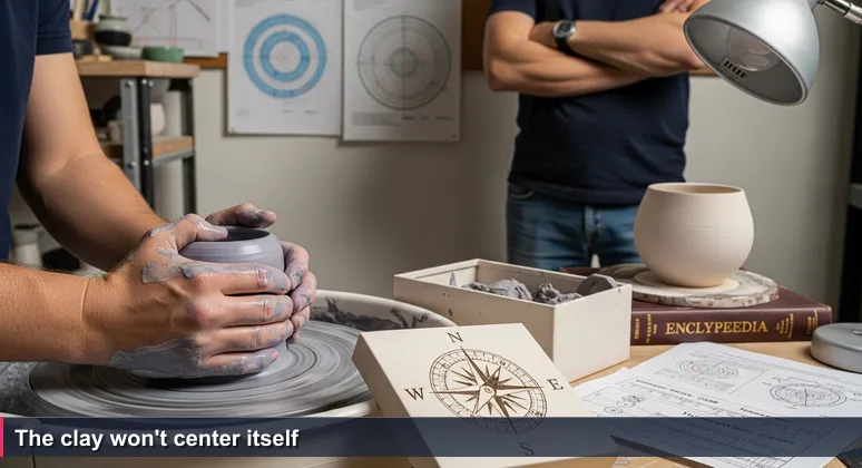 Potter's hands gripping wet clay on a spinning wheel, clay wobbling off-center, with a ceramic master watching in the background.