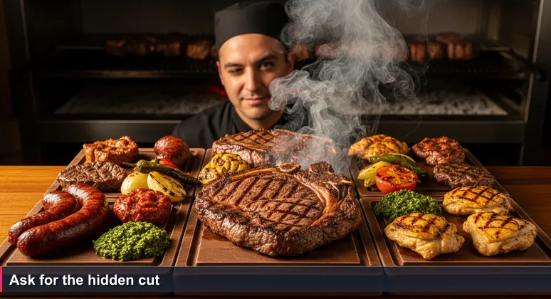 A chalkboard menu at a Montevideo parrilla listing prices, with a handwritten note 'Preguntá por el corte del día' and a grill master winking.