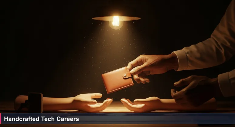 A leather artisan in a sunlit workshop places a hand-stitched wallet into a customer's open palms, symbolizing Uruguay's boutique tech ecosystem where quality is deliberate and individual talent is sacred.