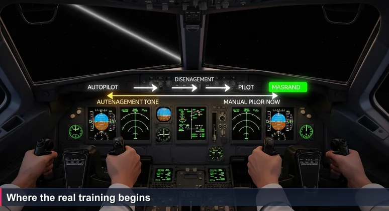Inside a small aircraft cockpit at night with green instrument panel glowing, pilot's hands gripping yoke as autopilot disengages indicating turbulence