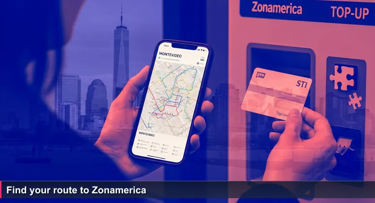 Close-up of a young Uruguayan woman's hand holding a smartphone displaying Montevideo's bus route map, with a top-up machine and reflection of Zonamerica skyline in the background