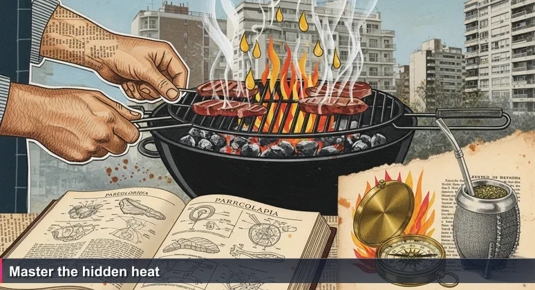 Parrillero's hands adjusting glowing coals beneath a grill, with Montevideo skyline and a mate gourd in the background, symbolizing the hidden layers of AI compensation.