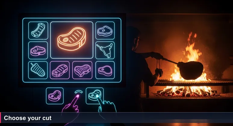 A chalkboard menu at Mercado del Puerto with cuts like entraña and asado de tira, a customer's hand pointing, grillmaster behind fire.