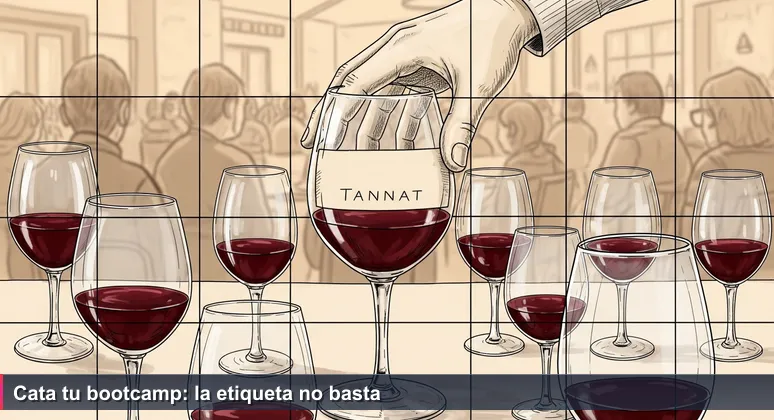 Hand hovering over a glass of Tannat wine at a tasting, warm lighting, metaphor for choosing the best bootcamp in Uruguay.